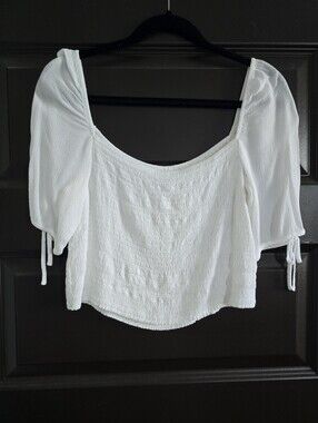Express White Peasant Smocked Crop Top - Women Size L
